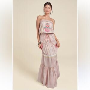 Venus Maxi Dress Multicolor Metallic Striped Embroidered Strapless Size L  NWOT